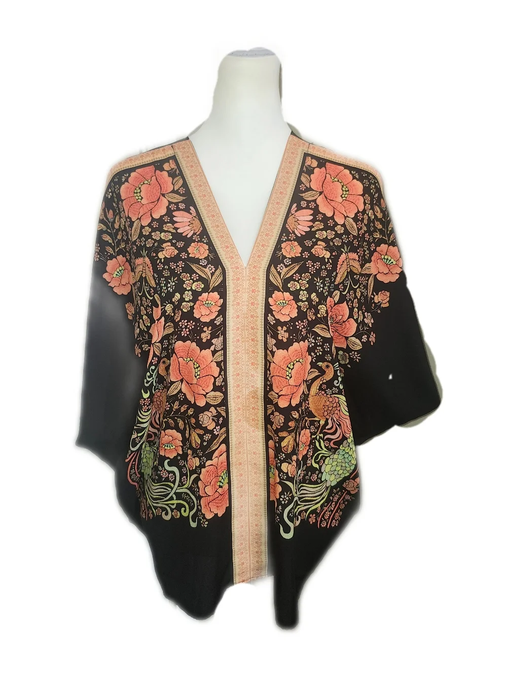Rose + Olive Deep V-neck Front & Back, Batwing Sleeve, Black & Orange Top, M - Picture 2 of 7